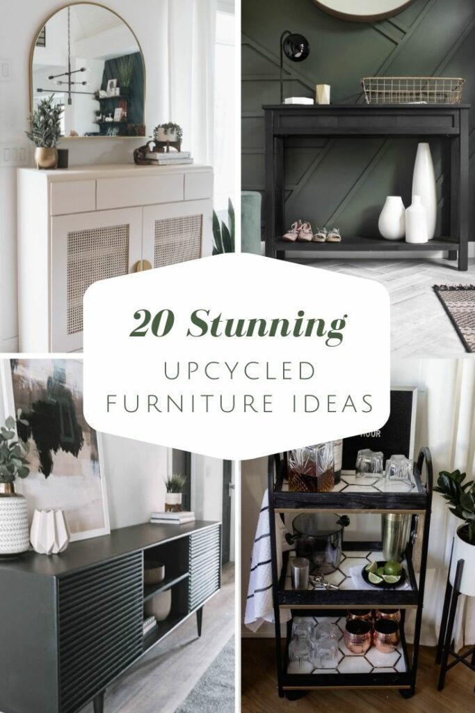 Collage of furniture makeovers with text reading "20 Stunning upcycled furniture ideas"