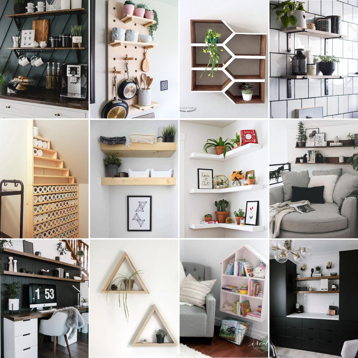 image collage of twelve fantastic DIY shelf ideas
