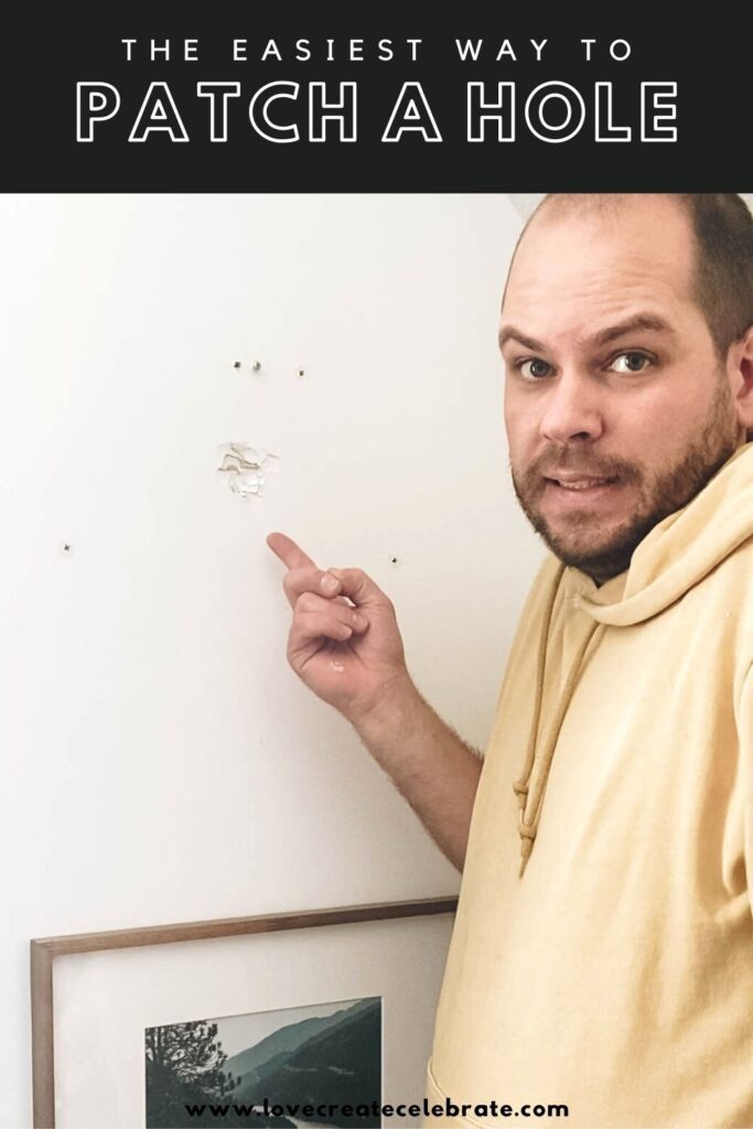 guy standing by damaged drywall with text on photo