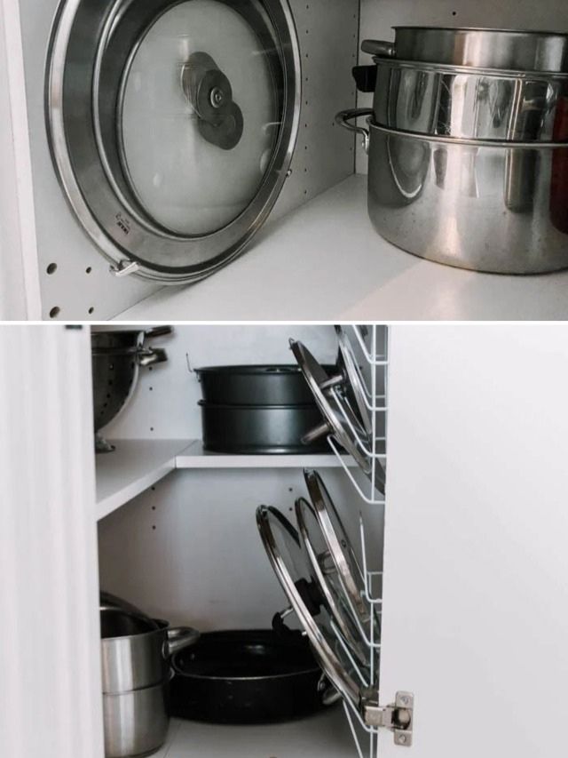 image collage of pot lid storage hack