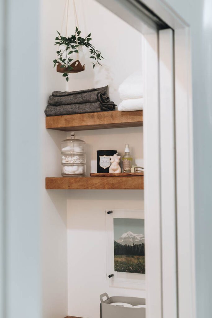 floating shelves in modern bathroom