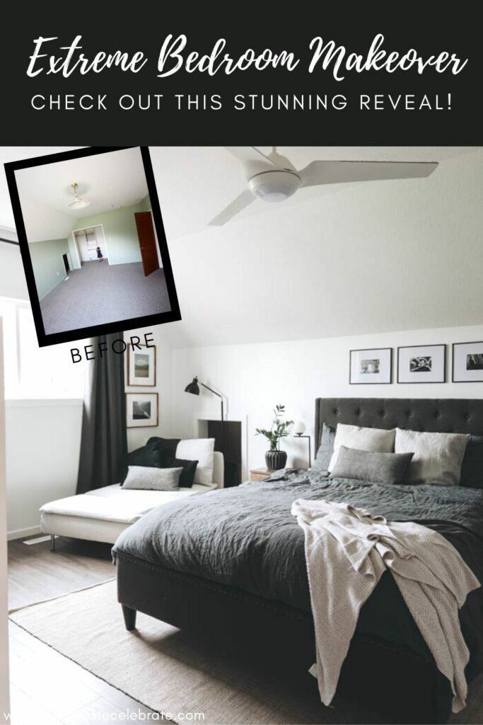 Master Bedroom with text overlay "Extreme bedroom makeover! Check out this stunning reveal!"