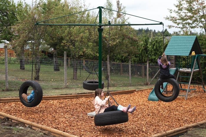 Finished tire swing with kids on it