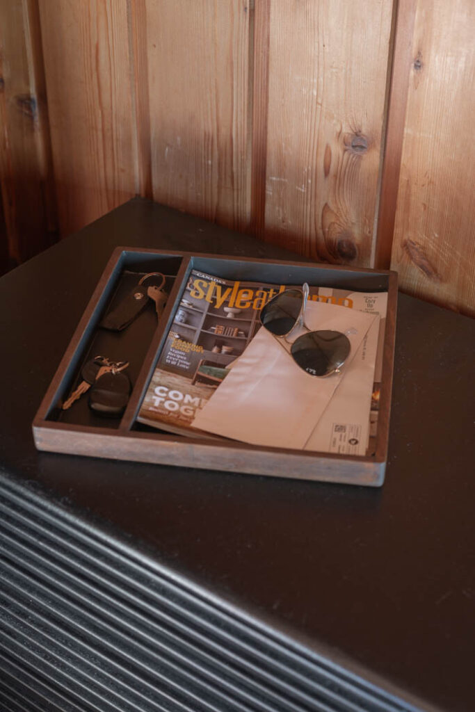 DIY wooden tray with walnut for storing car keys, letters, shades and magazine